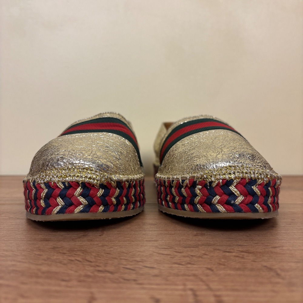 GUCCI Crinkled Leather Web Pilar Bee Espadrille Flat Gold Women Size 40 Slip On - Picture 5 of 14